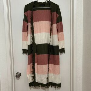 Derek Heart Fairy Boho Long Cardigan Size S Striped Fringed Distressed Hem Boho